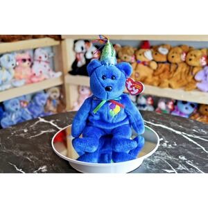 TY Beanie Baby - Happy Birthday Bear  (Blue Wearing Hat) | Tush Tag Wear